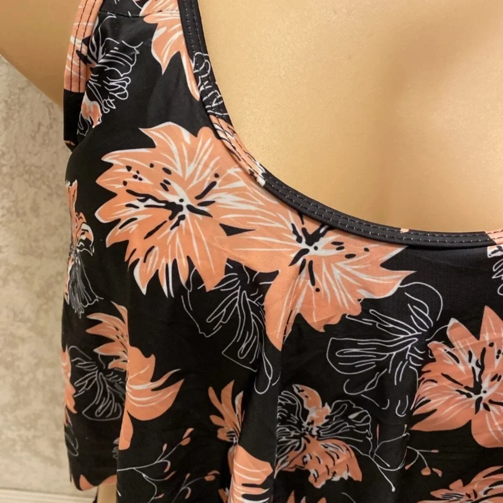 Black and Peach Floral Ruffle Bikini